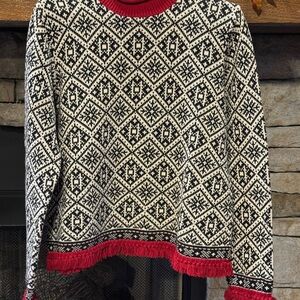 Talbots Black and White Geometric Sweater with Red Trim